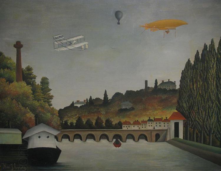 Henri Rousseau View of the Pont Sevres and the Hills of Clamart, Saint-Cloud, and Bellevue with Biplane, Ballon and Dirigible By Henri Rousseau oil painting picture